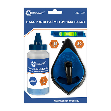 Набор шнур+краска Кобальт в пластм корпусе+порошок меловой синий длина 30 м 115 г+уровень 907-224